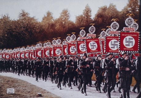 German SS Troops Bearing Standards March in Zeppelin Field, Nurnberg, Germany, 1933