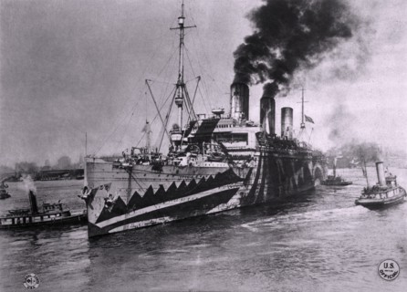 U.S.S. Leviathan, Formerly the German Liner Vaterland, in her Wartime Camouflage Paint, Leaving Hoboken, New Jersey, USA for France, 1918