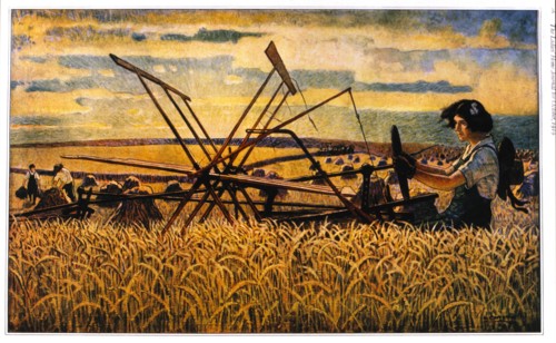 Woman Driving Wheat Thresher on a Midwest USA Farm, Ladies Home Journal, October 1919