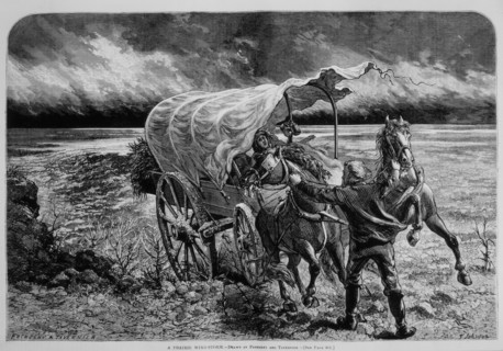 Man and Woman With Covered Wagon on Prairie During Windstorm, "A Prairie Wind-Storm", Harper's Weekly, May 30, 1874