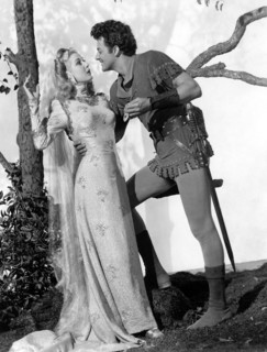 Anita Louise and Cornel Wilde on-set of the Film, The Bandit of Sherwood Forest, 1946