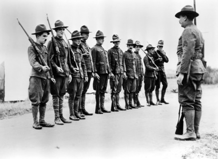Charlie Chaplin (left) on-set of the Film, Shoulder Arms, 1918