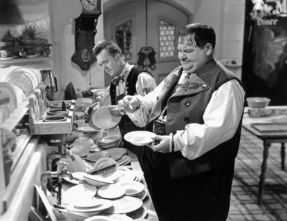 Stan Laurel and Oliver Hardy on-set of the Film, "Swiss Miss", 1938