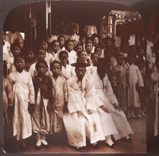 Group of Boys at Boys School, Married Boys Wearing Hats, Seoul, Korea, Single Image of Stereo Card, circa 1905