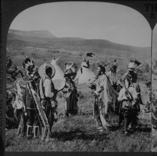 Chief Two-Guns-White-Calf and Companions in Medicine Lodge Ceremony, Montana, USA, Single Image of Stereo Card, circa 1900
