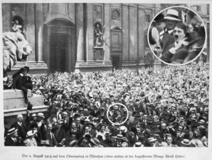 Adolf Hitler Among Crowd in Odeonplatz, Munich, Germany, Listening to War Speeches, August 2, 1914, the day after Germany Declared War on Russia
