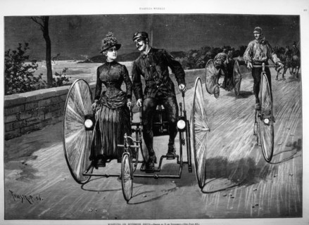 Couple Riding Quadracycle, "Wheeling on Riverside Drive", Illustration, Harper's Weekly, 1890