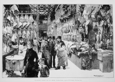 Customers in Butcher Shop, "Washington Market the day Before Thanksgiving", Illustration, Harper's Weekly, 1874