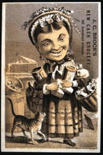 Woman Holding Groceries in Store, J.C. Brock's New Cash Grocery, Trade Card, circa 1880