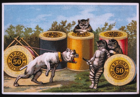 Cats Teasing Barking Dog on Leash, J&P Coats Sewing Thread, Vintage Trade Card, circa 1881