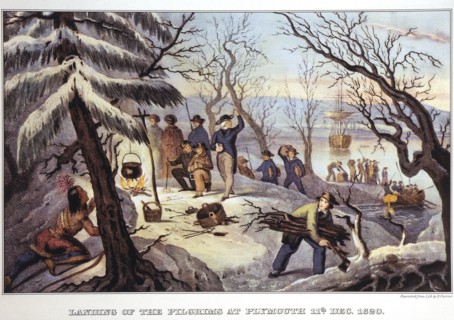 Landing of the Pilgrims at Plymouth Rock, 11th December 1620, Lithograph, Currier & Ives