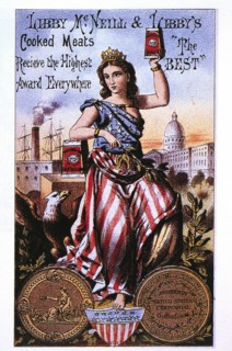 Woman Draped in American Flag, Libby McNeill & Libby's Cooked Meats, Trade Card, circa 1880