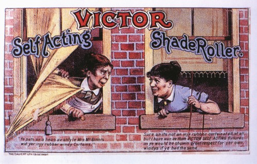 Two Women Leaning out of Apartment Windows to Talk, Victor Self-Acting Shade Roller, Vintage Trade Card, circa 1885