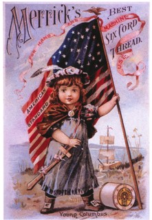 Young Child Holding American Flag and Sword, Merrick's Best Six Cord Thread, Trade Card, circa 1900