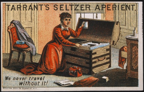 Woman Packing Trunk, Tarrant's Seltzer Aperient, Trade Card, circa 1900