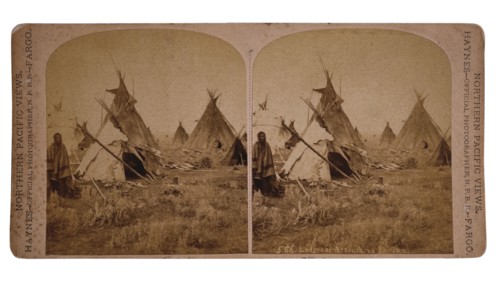 Lodges of Assinabone (Assiniboine) Indians, Dakota Territory, USA, Stereo Card, circa 1870's