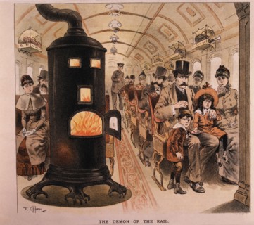 The Demon of the Rail, Coal-Burning Stove in Passenger Train Car, Puck Magazine, Hand-Colored Engraving, 1887
