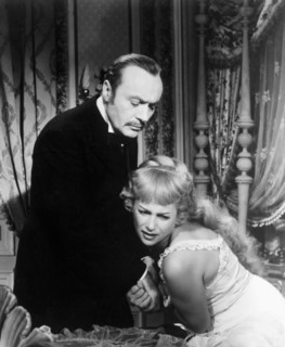 Charles Boyer and Martine Carol, on-set of the Film, "Nana" directed by Christian-Jaque, 1955