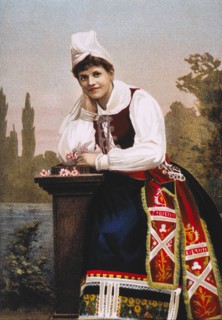 Woman Wearing Traditional Garment, Skane, Sweden, Chromolithograph of Photograph by Algot E. Strand, 1894
