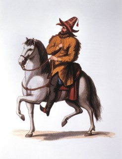 Kirghiz Man on Horseback, from Costumes fo the Russian Empire, Hand-Colored Engraving, 1803
