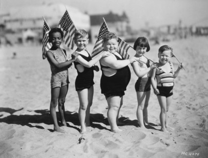 Allen Hoskins, Jackie Cooper, Norman Chaney, Mary Ann Jackson and Bobby Hutchins, "Our Gang" Celebrating Fourth of July on the Beach, circa 1930