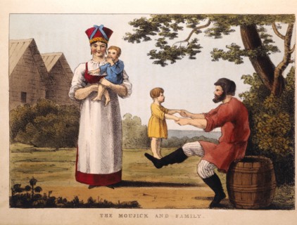 The Moujick and his Family, from Pinkerton's Russia, Hand-Colored Engraving, 1833