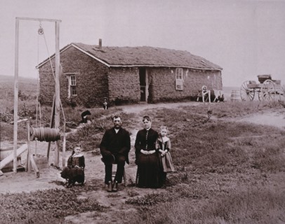 Pioneer Family in Front of Sod House, Portrait, Kansas, USA, circa 1880