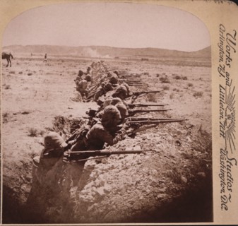 British Soldiers Firing on the Boers from Trenches at Honey Nest Kloof, South Africa, Second Boer War, Single Image of Stereo Card, 1901