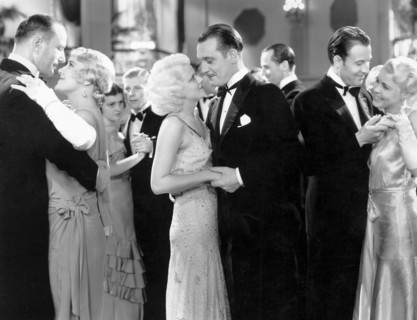 Jean Harlow and Walter Byron (center), on-set of the Film, "Three Wise Girls", 1932