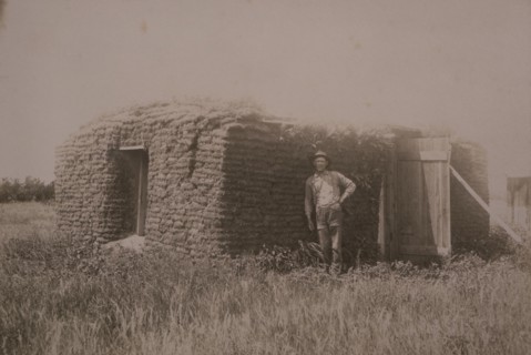 Man Standing Near his Sod House, North Dakota, USA, circa 1889
