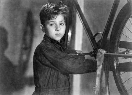 Enzo Staiola, on-set of the Italian Film, "Bicycle Thieves" (aka Ladri Di Biciclette), 1948