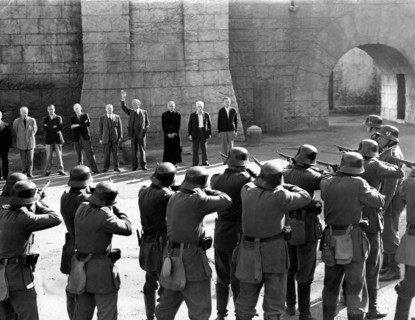 Philip Merivale, (Waving), on-set of the Film, "This Land is Mine", 1943