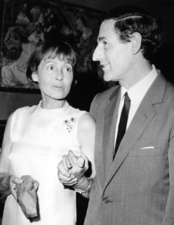 Luise Rainer with Gian Carlo Menotti at a reception to honor the 11th Anniversary of the Annual Summer Music Festival, Spoleto, Italy, 1968
