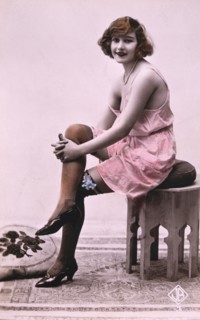 Lingerie Model Sitting on Stool, circa 1920
