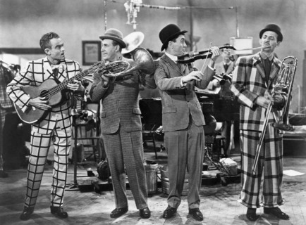Spike Jones (Left) and his City Slickers, Mickey Katz (Far R), on-set of the Film, "Fireman Save my Child", 1954