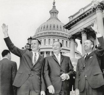 Astronauts Edward White II (L) and James McDivitt (R) with U.S. Vice President Hubert Humphrey on Steps of Capitol Building, Washington DC, USA, 1965