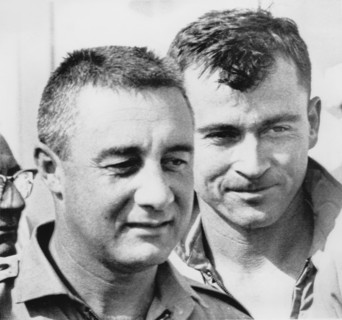NASA Astronauts Virgil "Gus" Grissom and John Young, upon Completion of Gemini 3 Space Mission, Portrait, 1965