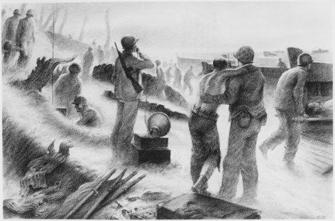 Wounded US Marines Being Escorted from Engebi Island to Land Craft for Transfer to Sick Bay for Treatment, Illustration, 1944