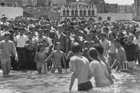 Legalized Nudity Proponents Exiting Water at Aquatic Park While Crowd Watches, San Francisco, California, USA, 1965