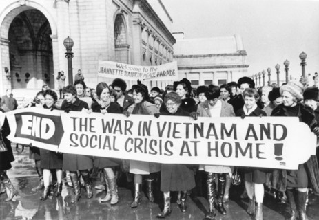 Crowd of Women including Jeannette Rankin (center with glasses), First Woman Elected to Congress, Protesting Vietnam War outside of Union Station on their Way to Capitol, Washington, D.C., USA, 1965