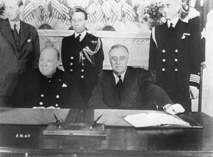 Prime Minister Winston Churchill (L) and President Franklin D. Roosevelt at Conference Table, White House, Washington, DC,  Dec. 22, 1941