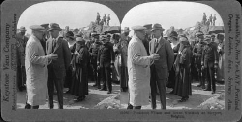 U.S. President Woodrow Wilson and Brand Whitlock, U.S. Minister to Belgium, Amongst Crowd, Nieuport, Belgium, 1919, Stereo Card
