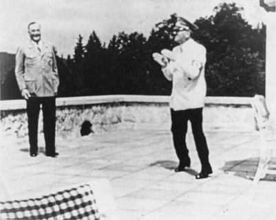 Adolf Hitler with Bodyguard Wilhelm Bruckner at OberSalzberg, Germany, 1939, Movie Still from the Documentary, "Swastika", 1974