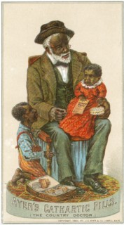 Elderly Male Doctor Sitting with Two Children, Trade Card, "The Country Doctor", Ayer's Cathartic Pills, USA, circa 1883