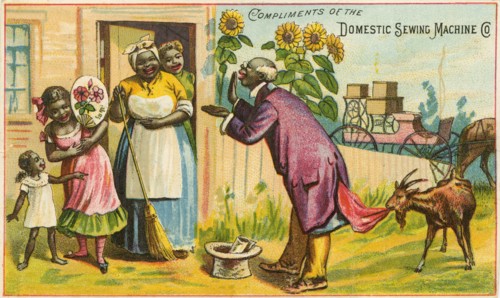 Goat Eating African-American Man's Jacket while Women & Children Listen to Him, Trade Card, Domestic Sewing Machine Company, circa 1880's