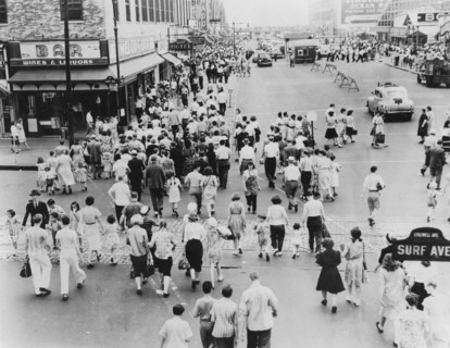 Crowded Street Scene at Intersection of Surf and Stillwell Avenues, Coney Island, New York City, USA, 1944