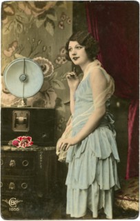 Woman Listening to Radio, Hand-Colored Postcard, circa 1930