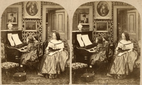 Seated Woman Behind Two Seated Girls Playing Piano, Evening Music, Stereo Card, circa 1890