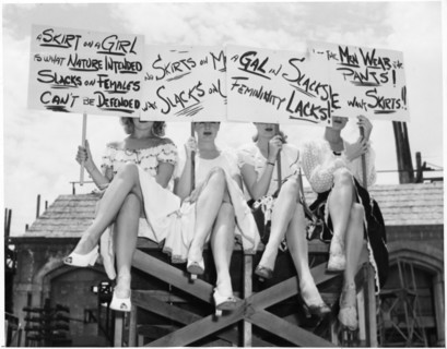 Group of "Goldwyn Girls" in Skirts Holding Signs in Anti-Slacks Protest for their upcoming Film, "The Kid from Brooklyn", 1945