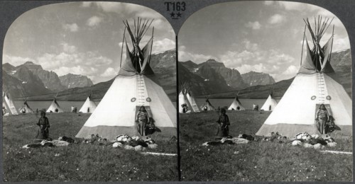 Blackfeet Village with Tipis, near St. Mary's Lake, Glacier National Park, Montana, USA, Stereo Card, circa 1900